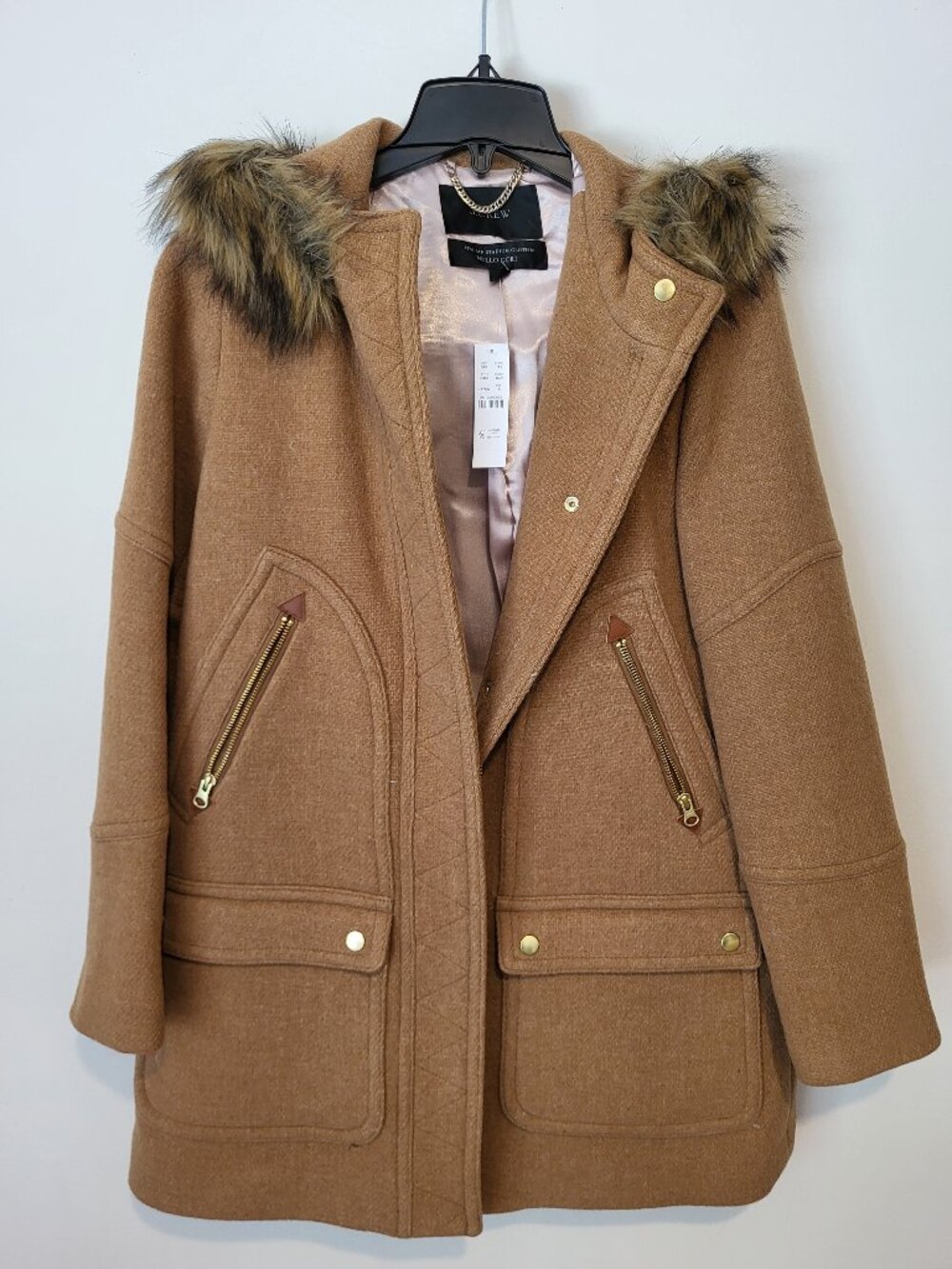 J Crew wool blend coat with fur hood. Size 6. NWT.